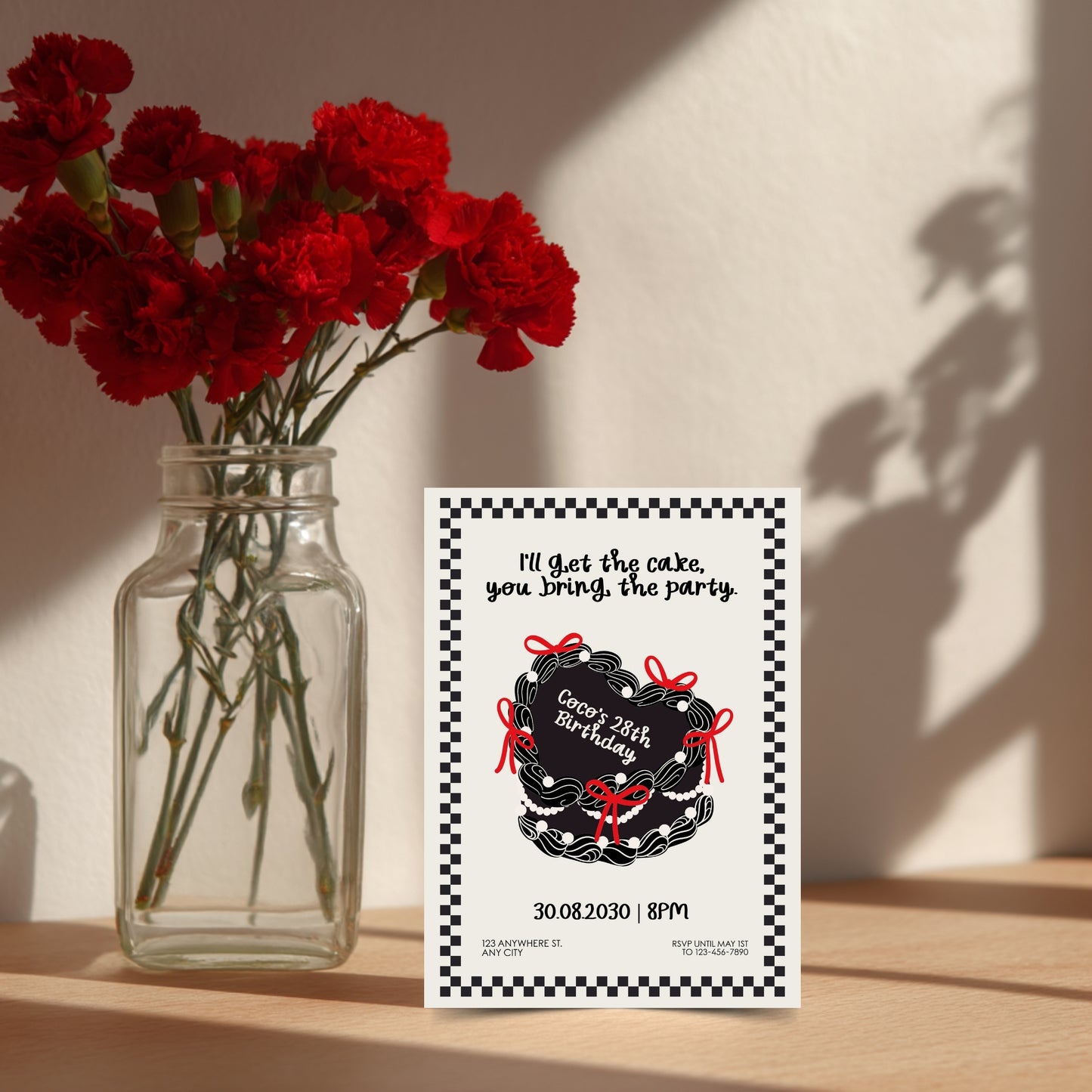 Dark Birthday Party Invitation with Cute Heart Cake – Retro Coquette Doodle Style, Cute Gothic
