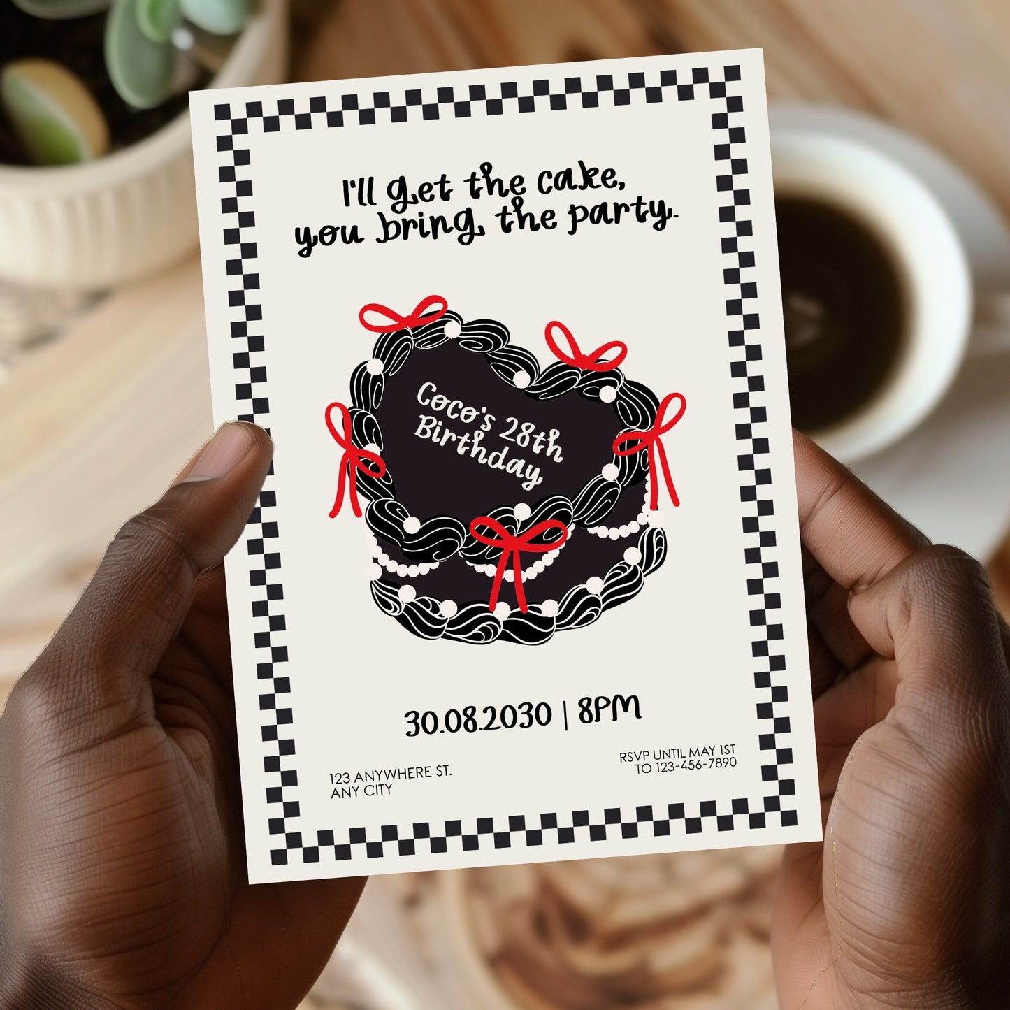 Dark Birthday Party Invitation with Cute Heart Cake – Retro Coquette Doodle Style, Cute Gothic