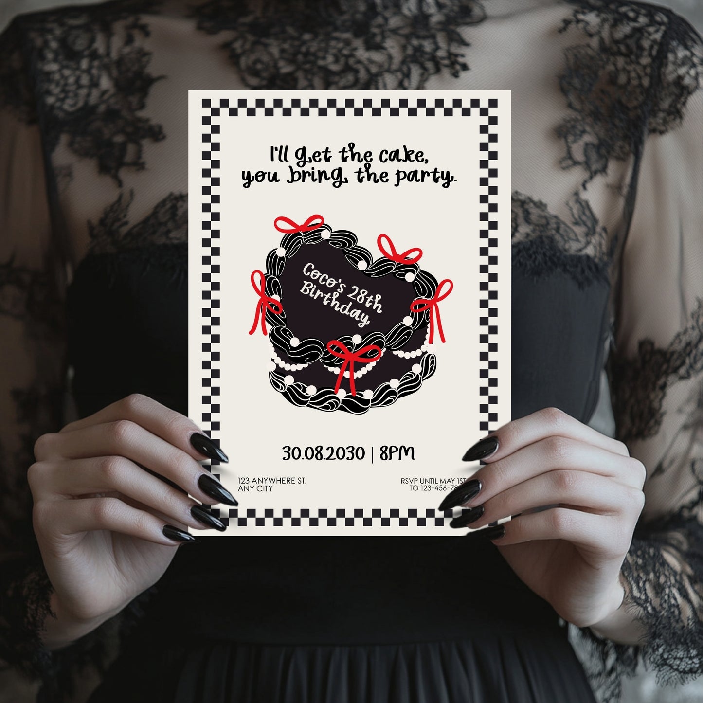 Dark Birthday Party Invitation with Cute Heart Cake – Retro Coquette Doodle Style, Cute Gothic