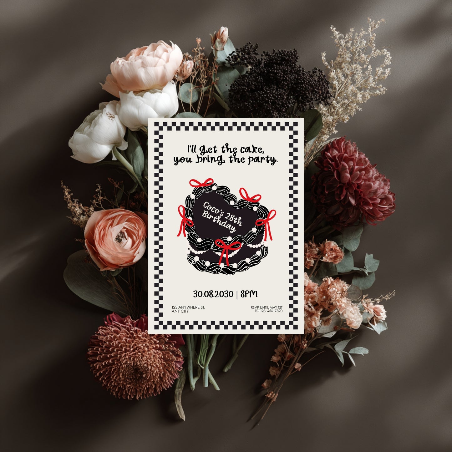 Dark Birthday Party Invitation with Cute Heart Cake – Retro Coquette Doodle Style, Cute Gothic