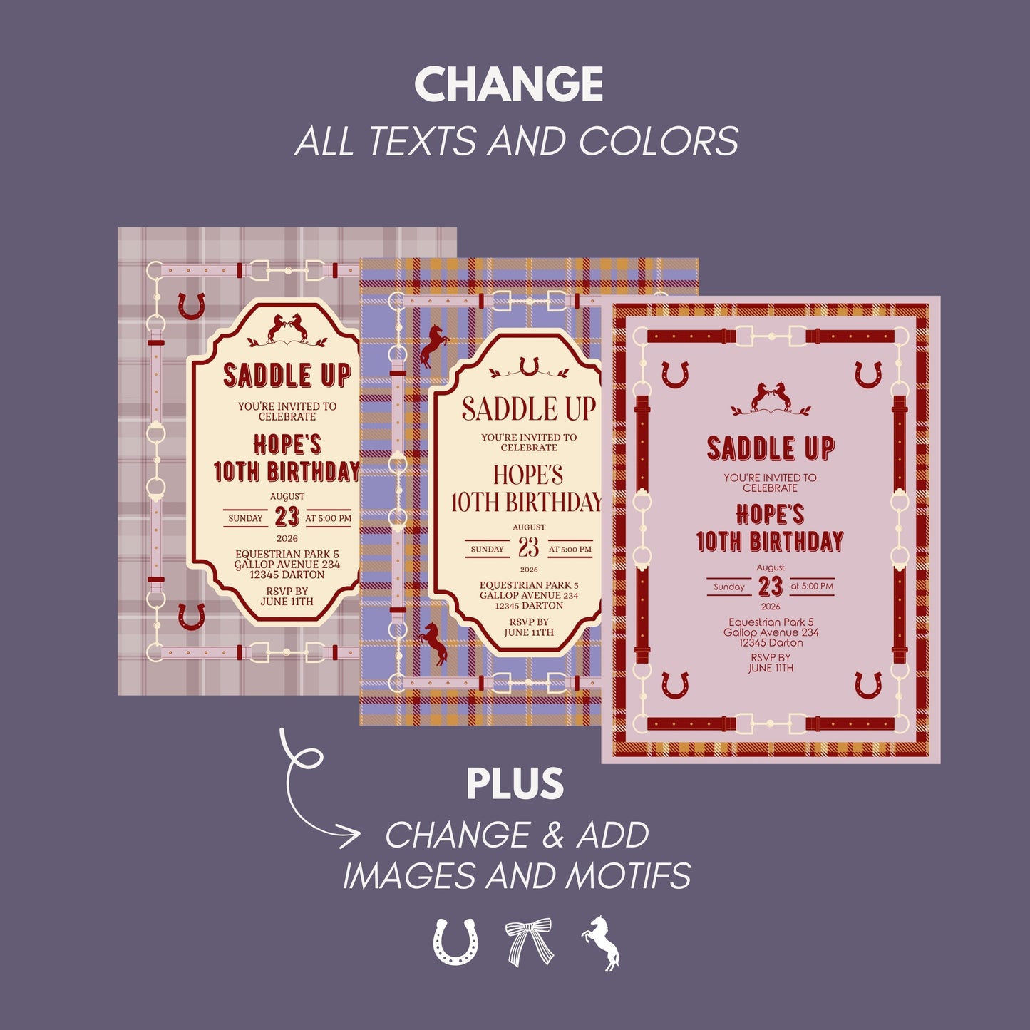 Elegant Equestrian Birthday Invitation - Dust Pink and Red Checkered Pattern and Horse Motif