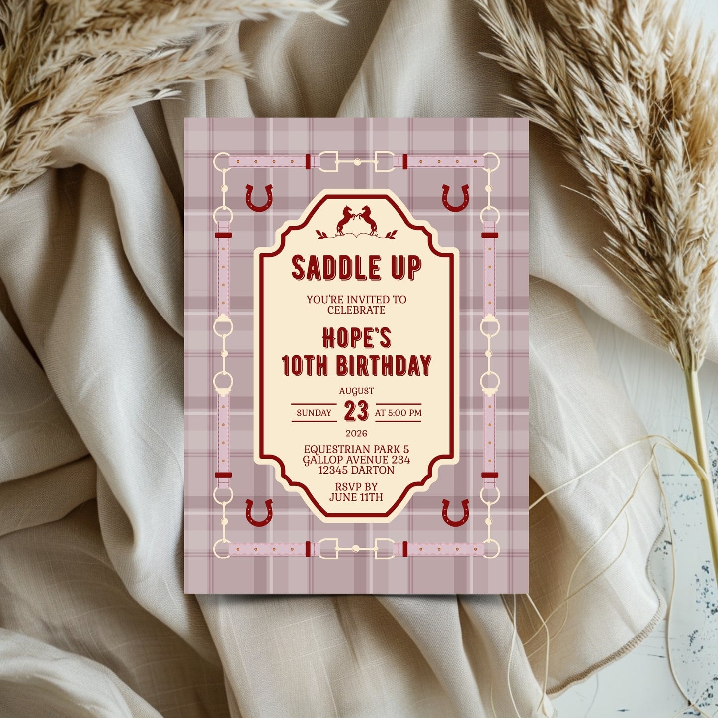 Elegant Equestrian Birthday Invitation - Dust Pink and Red Checkered Pattern and Horse Motif