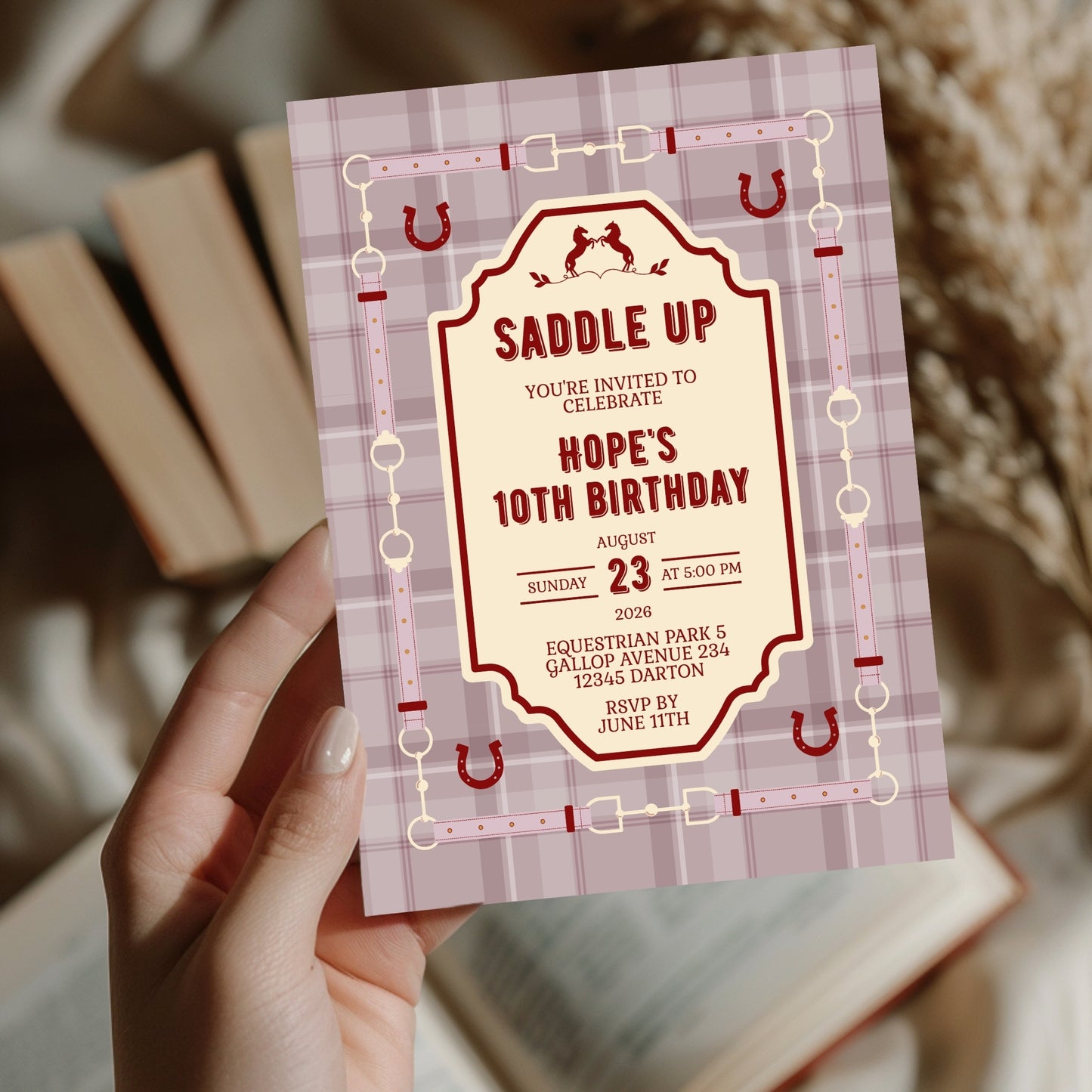 Elegant Equestrian Birthday Invitation - Dust Pink and Red Checkered Pattern and Horse Motif