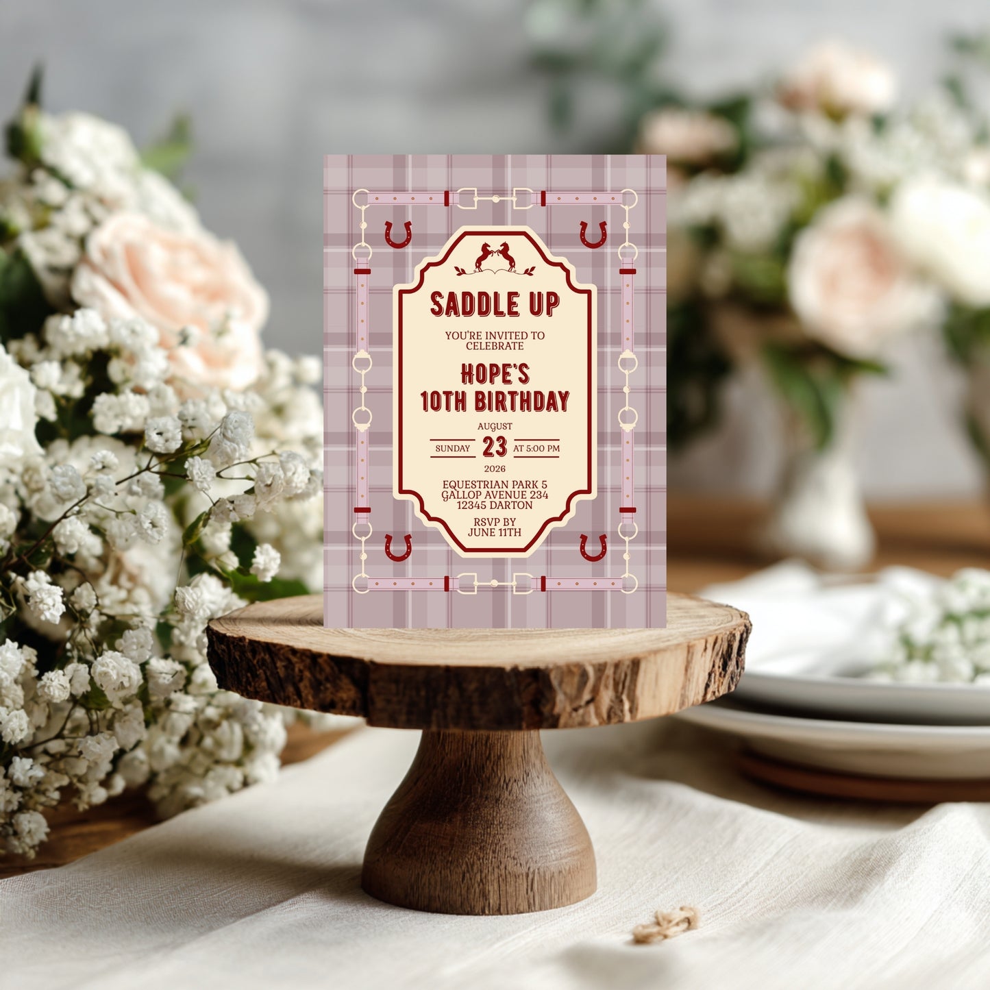Elegant Equestrian Birthday Invitation - Dust Pink and Red Checkered Pattern and Horse Motif
