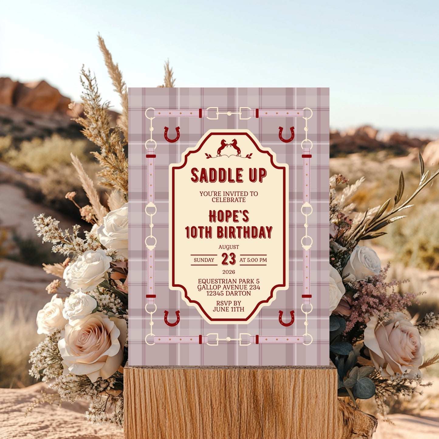 Elegant Equestrian Birthday Invitation - Dust Pink and Red Checkered Pattern and Horse Motif