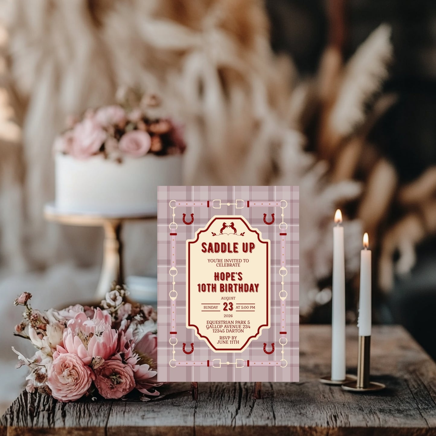 Elegant Equestrian Birthday Invitation - Dust Pink and Red Checkered Pattern and Horse Motif