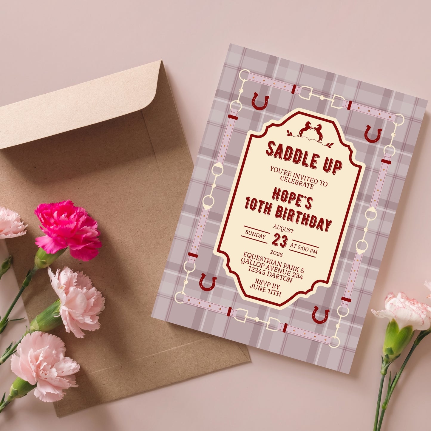 Elegant Equestrian Birthday Invitation - Dust Pink and Red Checkered Pattern and Horse Motif