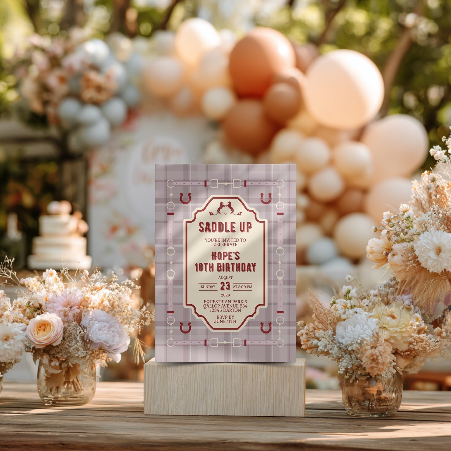 Elegant Equestrian Birthday Invitation - Dust Pink and Red Checkered Pattern and Horse Motif