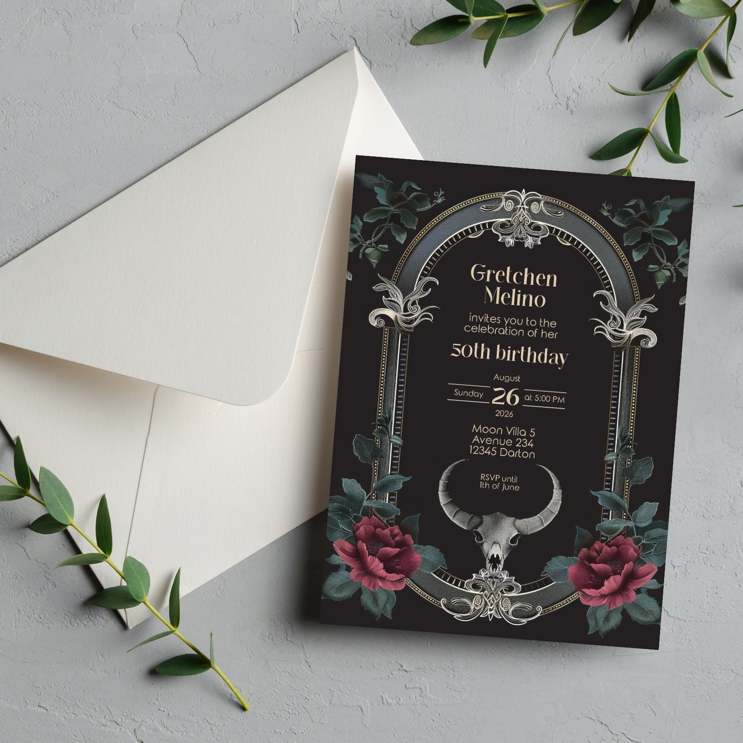 Gothic Baroque Ram Skull Birthday Invitation - Red Roses