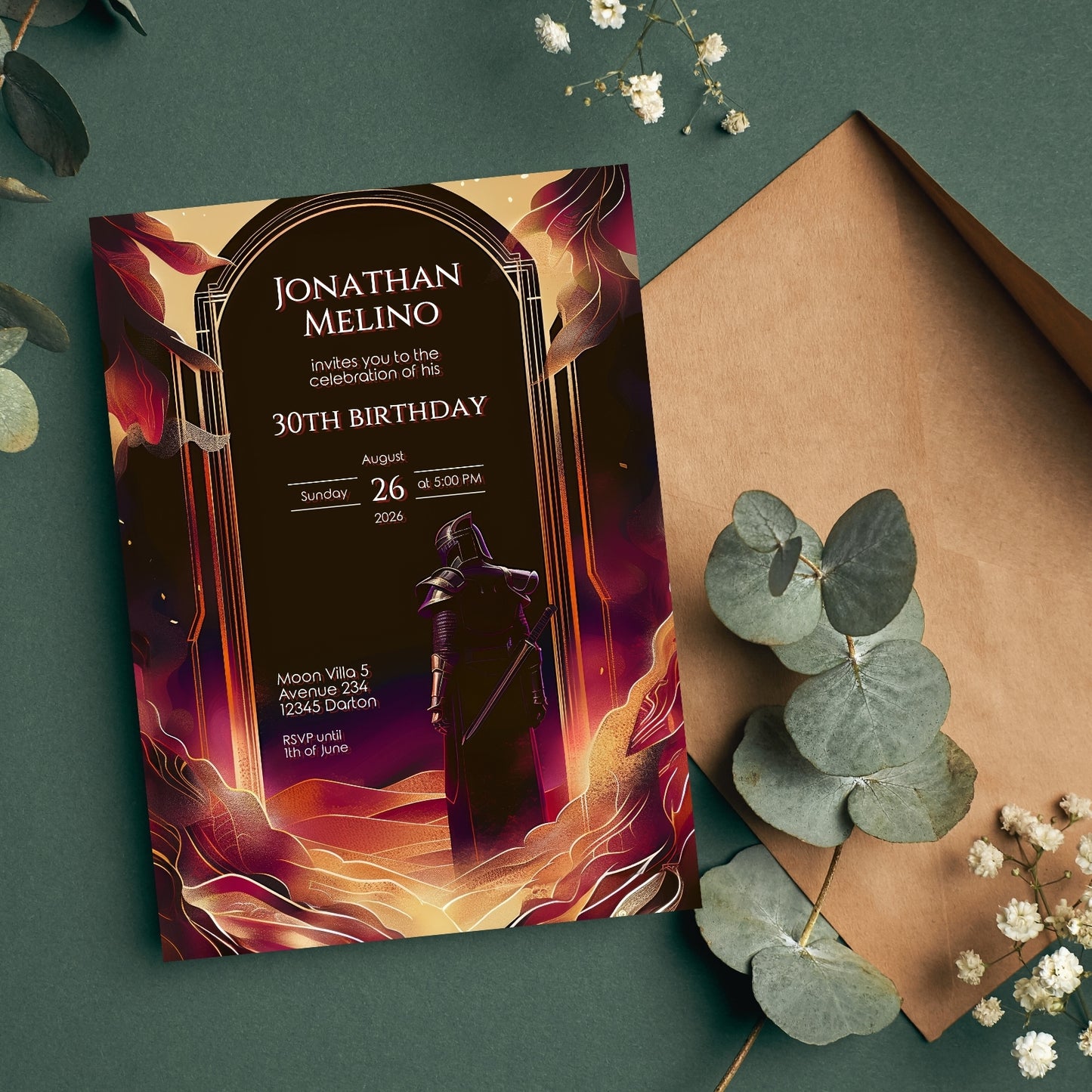 Gothic Art Deco Knight-Themed Birthday Invitation - Luxurious Fantasy Design