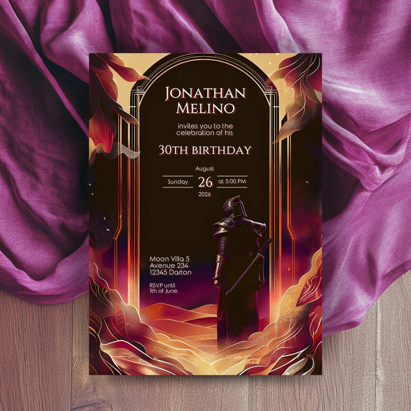 Gothic Art Deco Knight-Themed Birthday Invitation - Luxurious Fantasy Design
