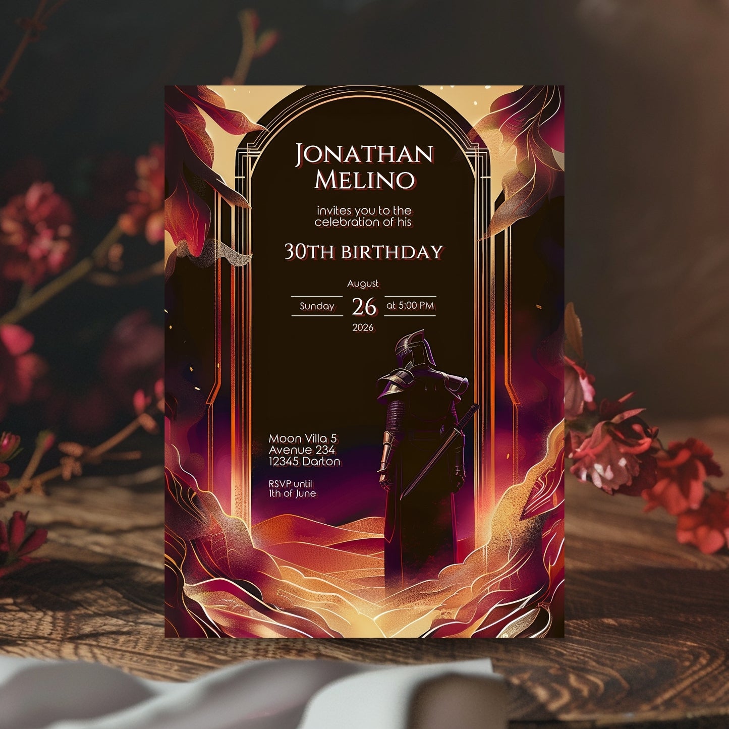 Gothic Art Deco Knight-Themed Birthday Invitation - Luxurious Fantasy Design