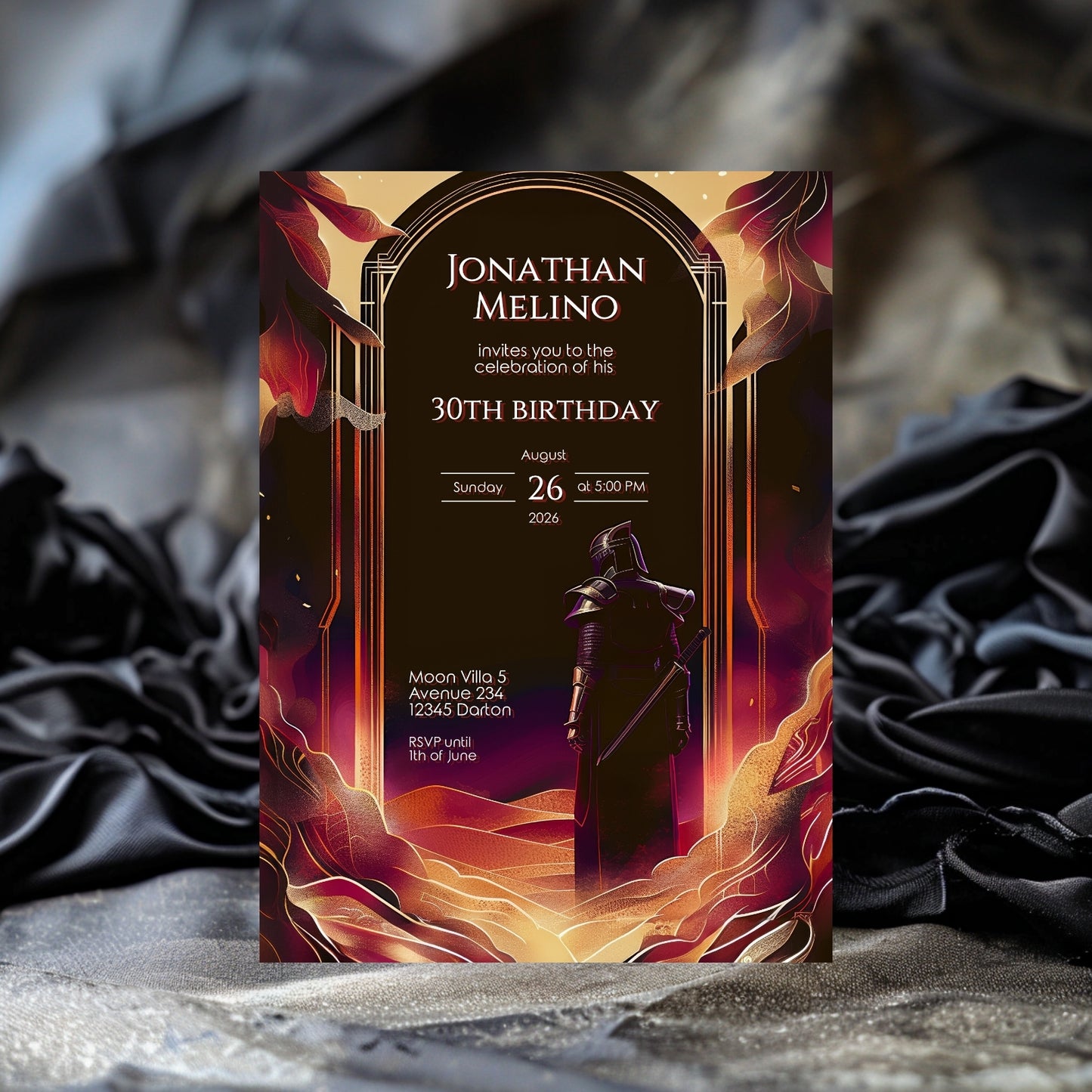 Gothic Art Deco Knight-Themed Birthday Invitation - Luxurious Fantasy Design