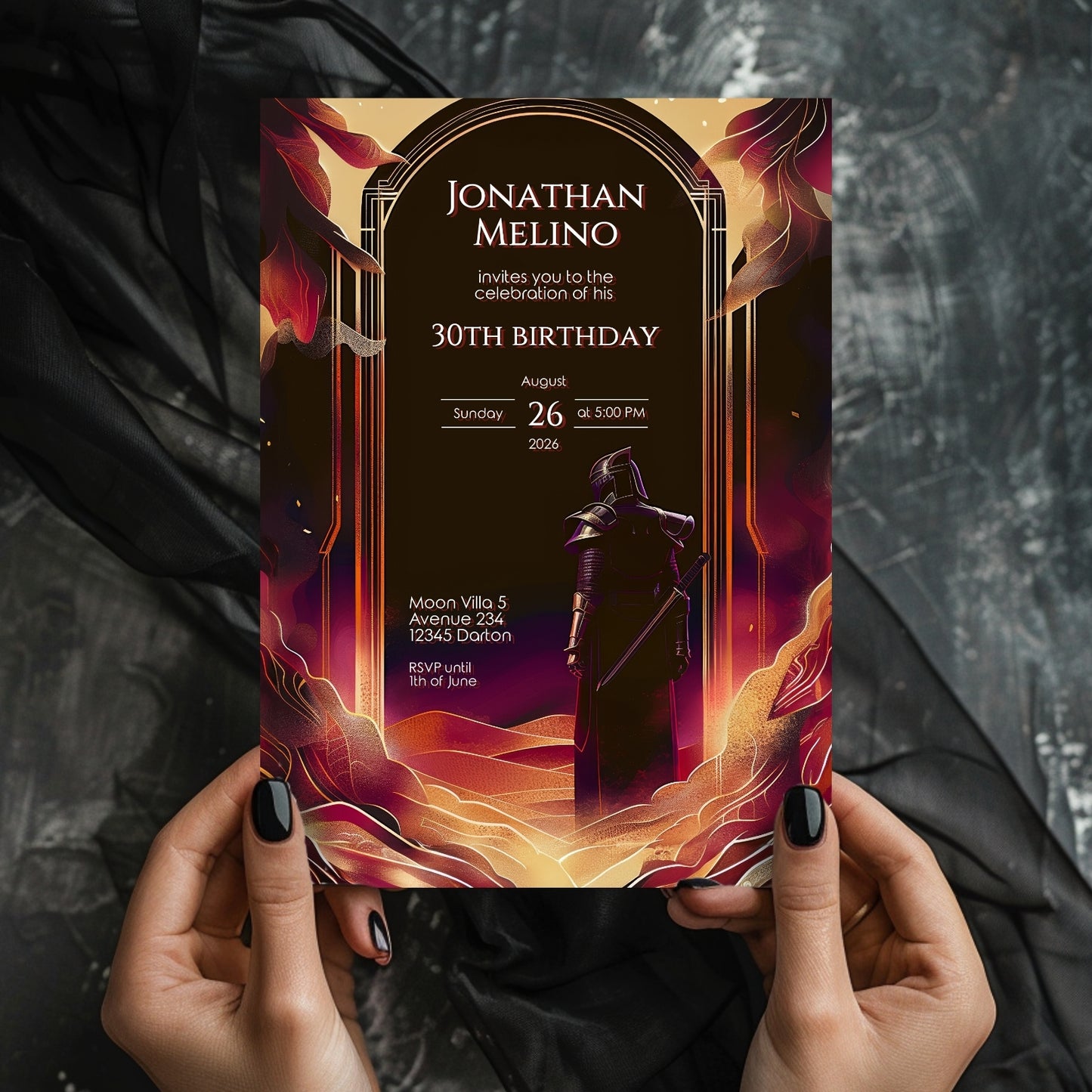Gothic Art Deco Knight-Themed Birthday Invitation - Luxurious Fantasy Design