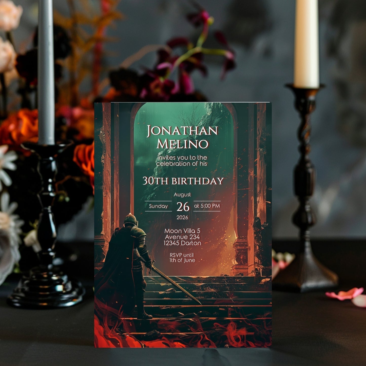 Dark Fantasy Knight-Themed Birthday Invitation - Epic Gothic Design