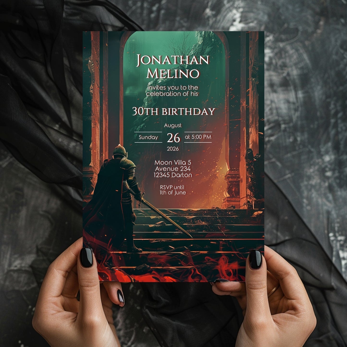 Dark Fantasy Knight-Themed Birthday Invitation - Epic Gothic Design