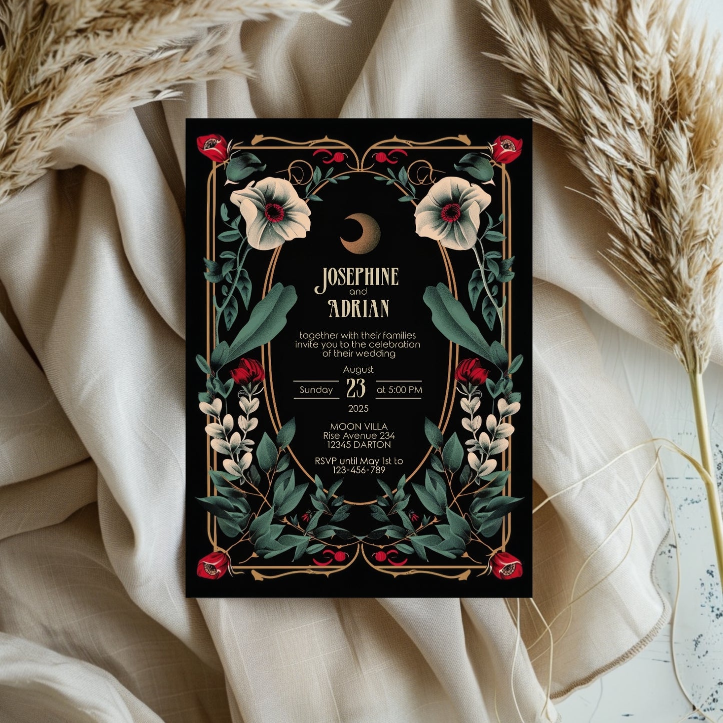 Celestial Gothic Red Floral Wedding Invitation