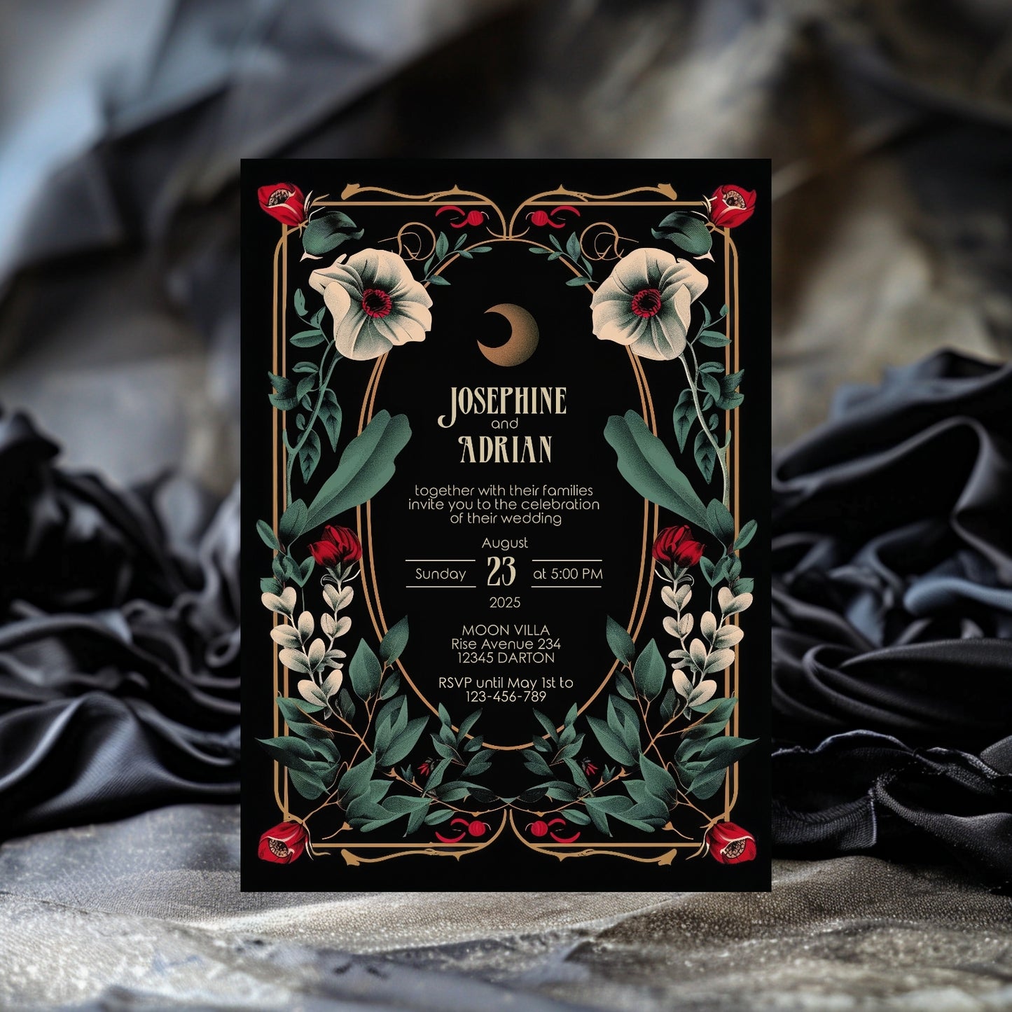 Celestial Gothic Red Floral Wedding Invitation