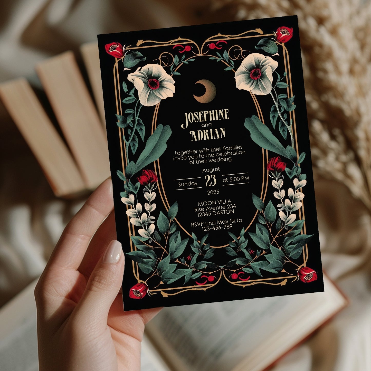 Celestial Gothic Red Floral Wedding Invitation