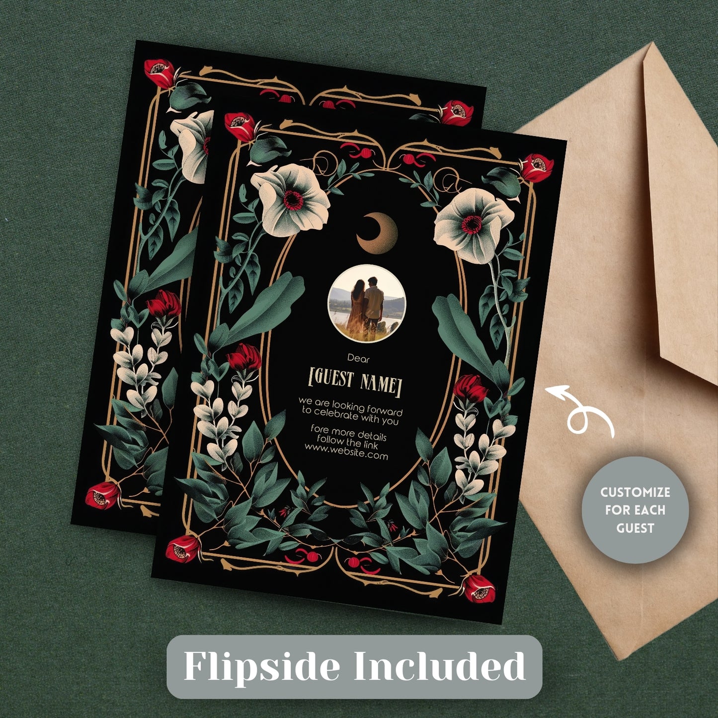 Celestial Gothic Red Floral Wedding Invitation