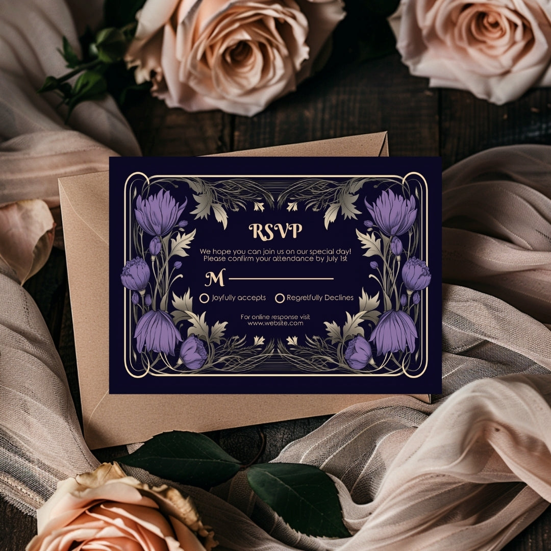 Gothic Purple Floral Wedding Invitation Set - 5x7 Invitation, 4x7 Details, 3.5.x5 RSVP