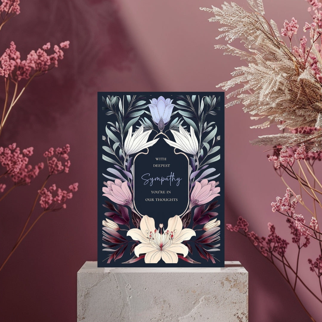 Elegant Botanical Gothic Sympathy Card - Serene Floral Design for Heartfelt Condolences