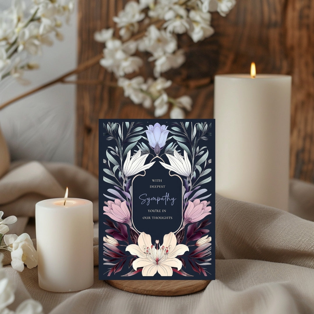 Elegant Botanical Gothic Sympathy Card - Serene Floral Design for Heartfelt Condolences
