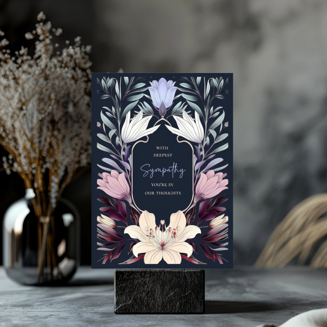 Elegant Botanical Gothic Sympathy Card - Serene Floral Design for Heartfelt Condolences