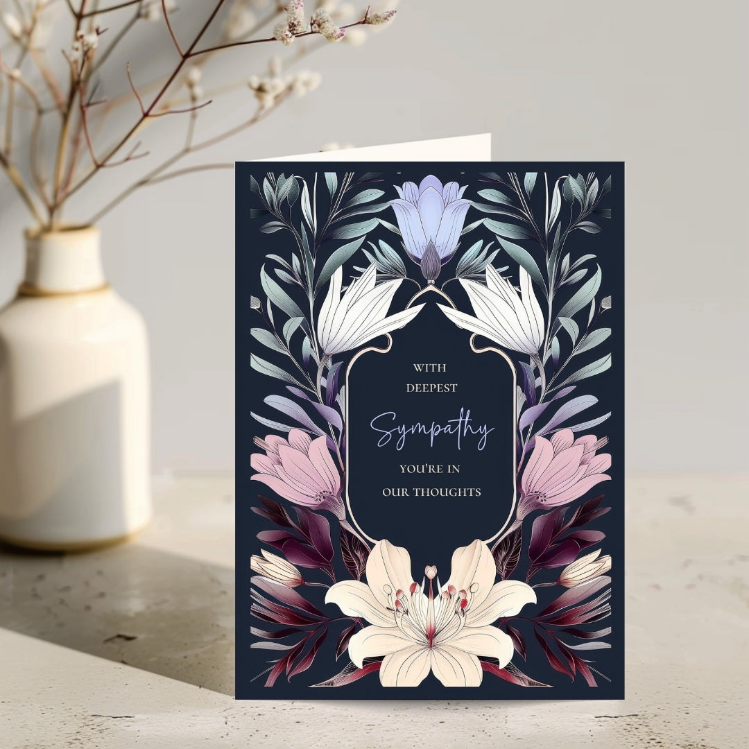 Elegant Botanical Gothic Sympathy Card - Serene Floral Design for Heartfelt Condolences