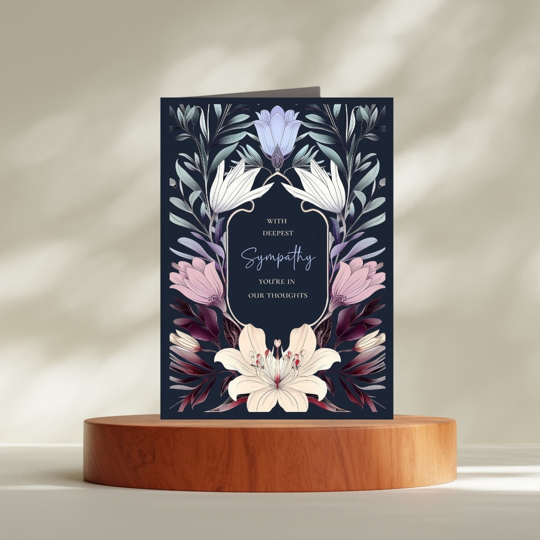 Elegant Botanical Gothic Sympathy Card - Serene Floral Design for Heartfelt Condolences