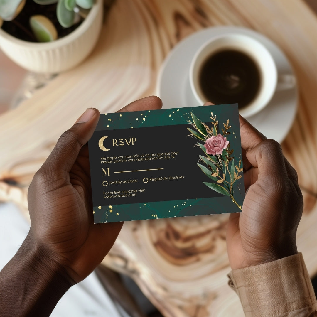 Green Celestial Floral Garden Wedding Invitation Set - 5x7 Invitation, 4.5x6.25 Details, 3.5.x5 RSVP