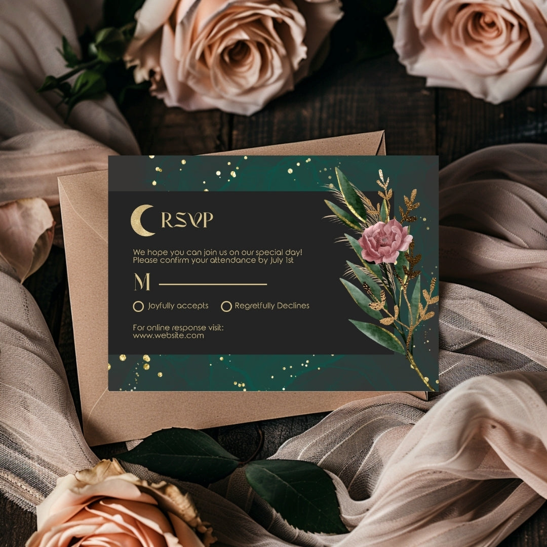 Green Celestial Floral Garden Wedding Invitation Set - 5x7 Invitation, 4.5x6.25 Details, 3.5.x5 RSVP