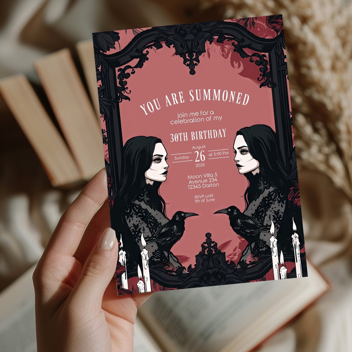 Gothic Raven and Victorian Witch Birthday Party Invitation