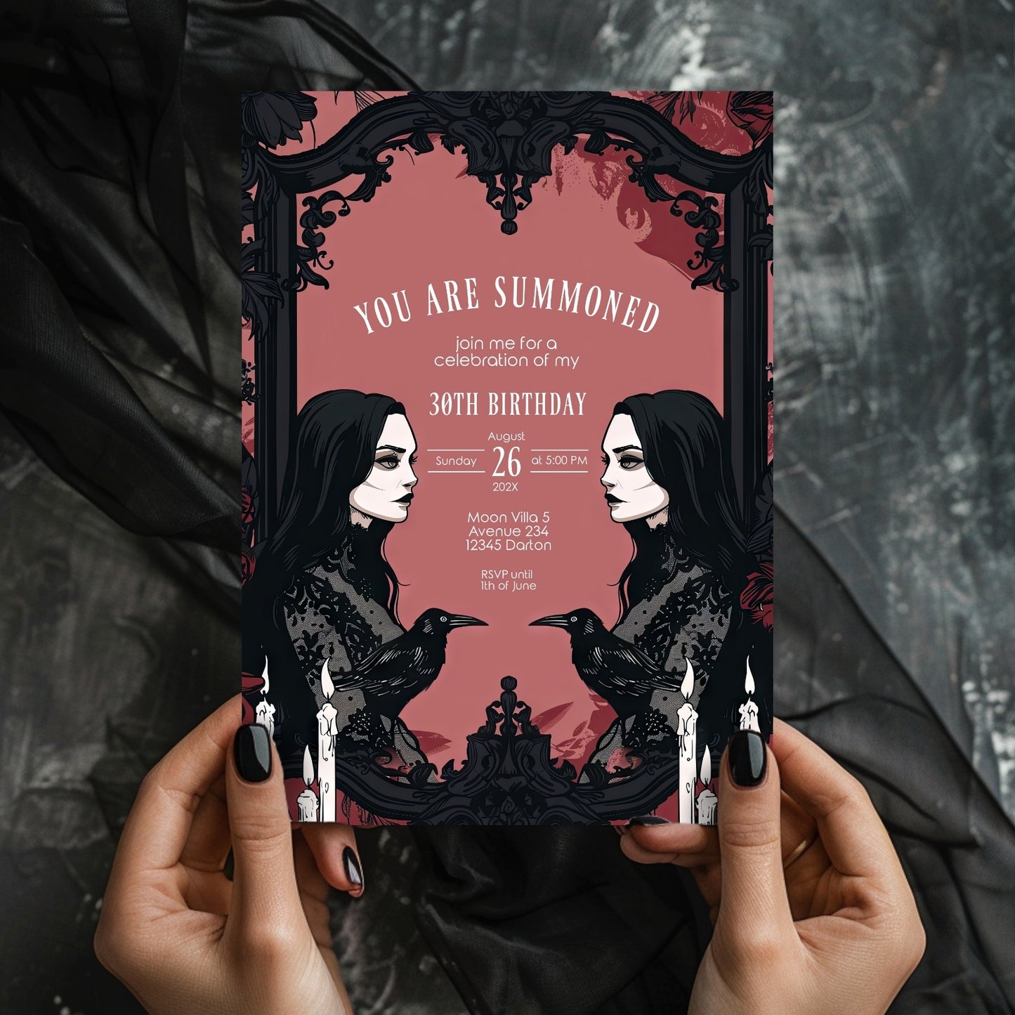 Gothic Raven and Victorian Witch Birthday Party Invitation