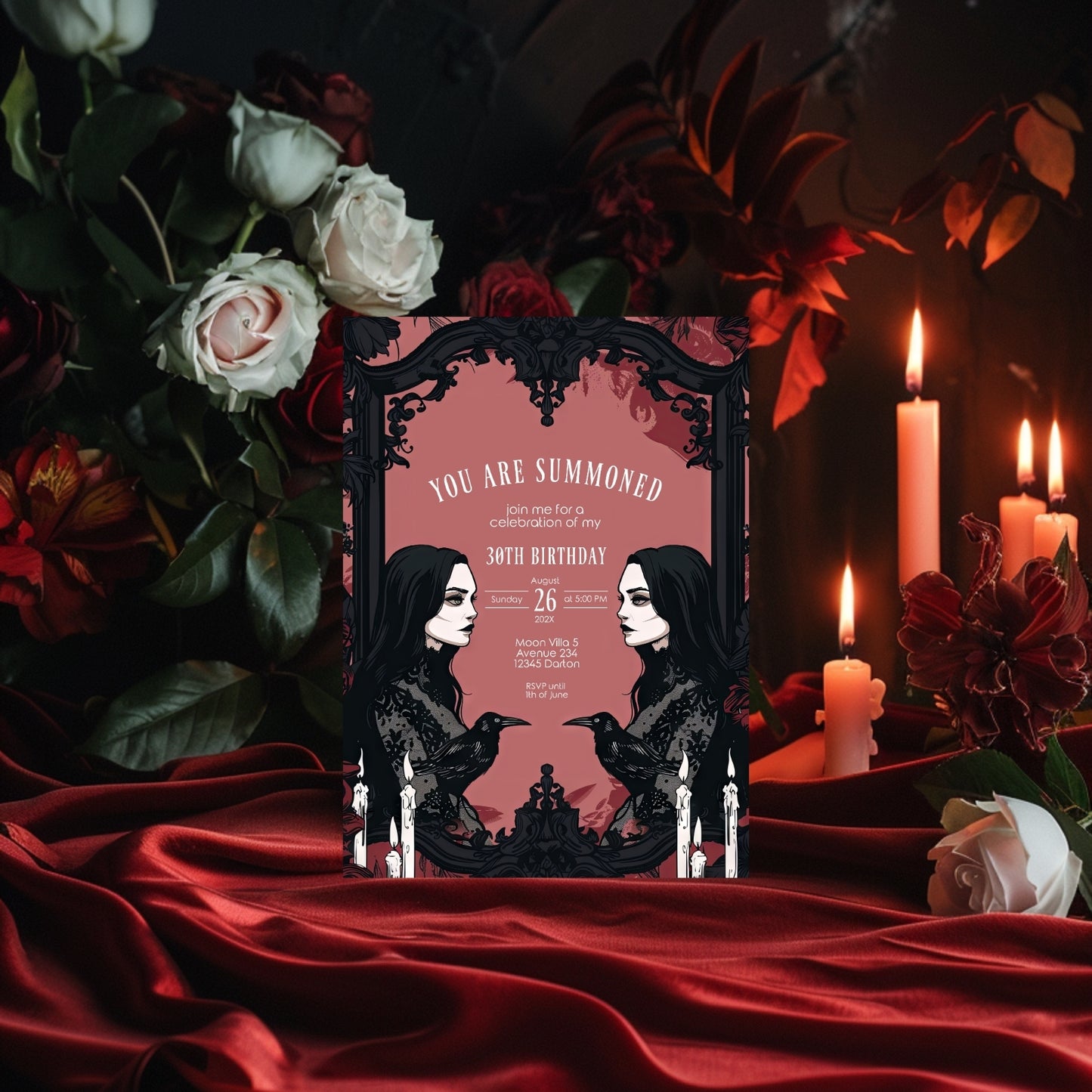 Gothic Raven and Victorian Witch Birthday Party Invitation