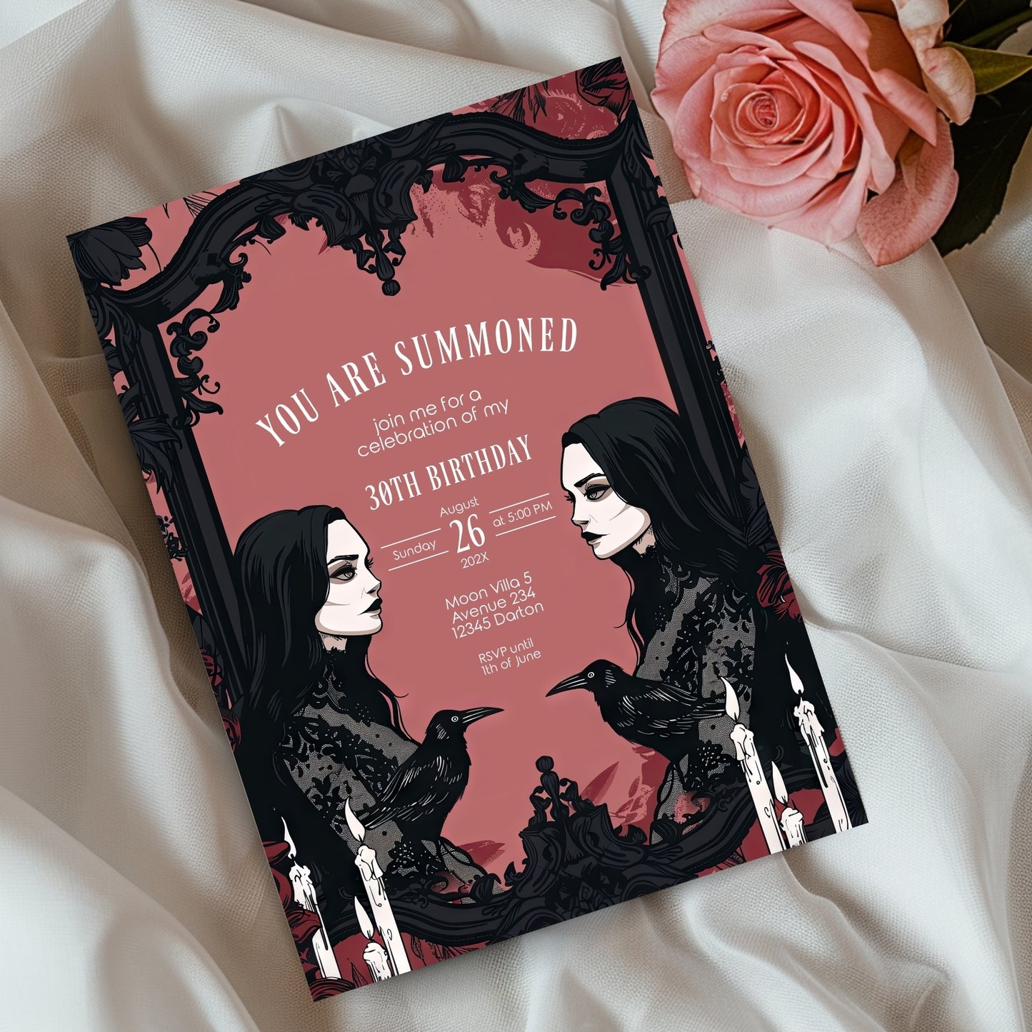 Gothic Raven and Victorian Witch Birthday Party Invitation