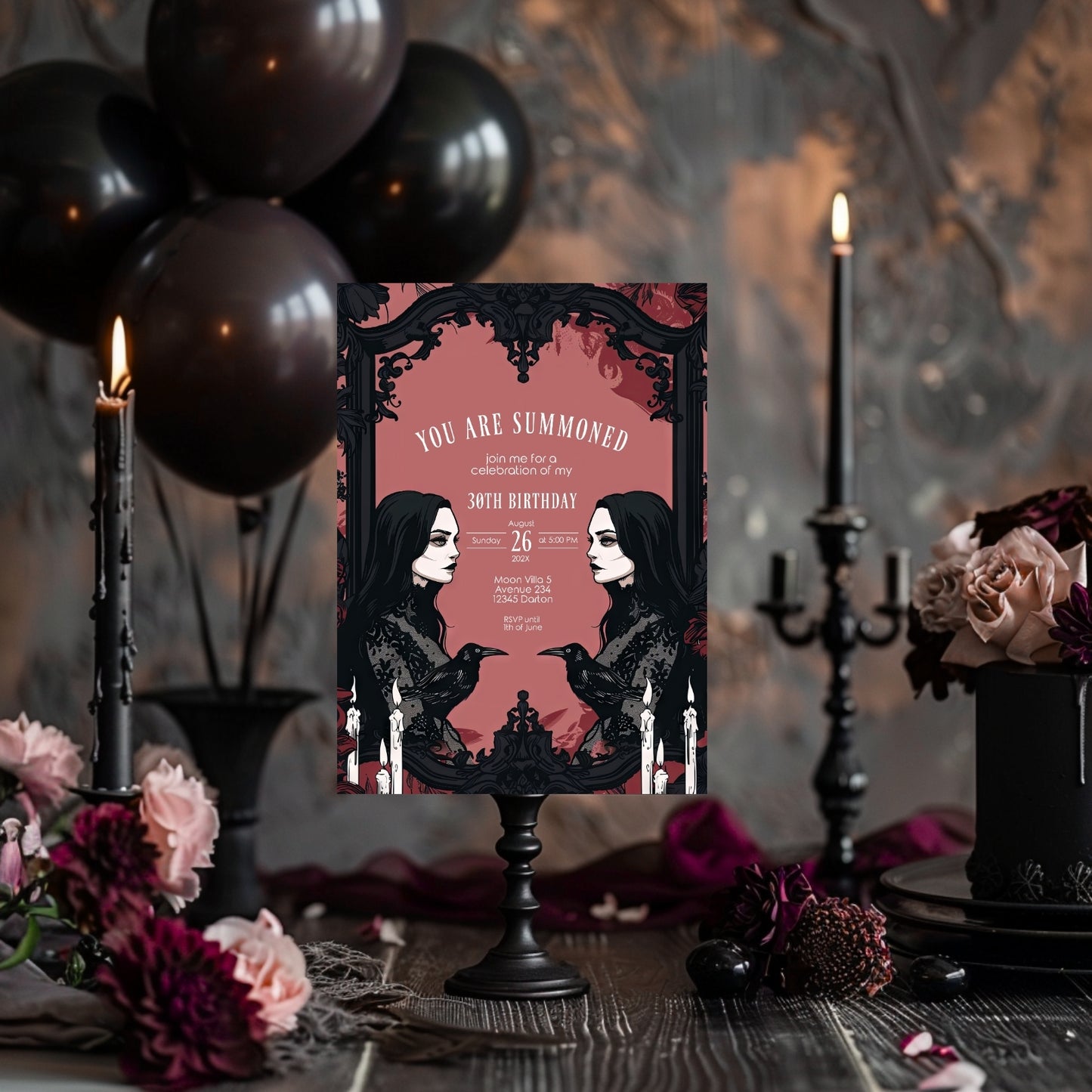 Gothic Raven and Victorian Witch Birthday Party Invitation