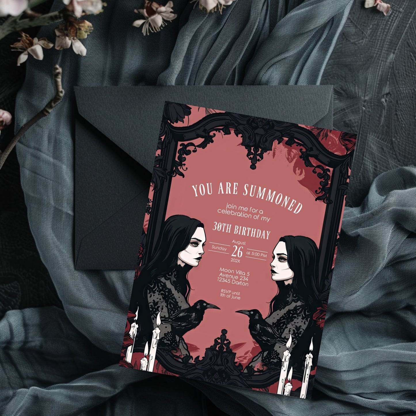 Gothic Raven and Victorian Witch Birthday Party Invitation