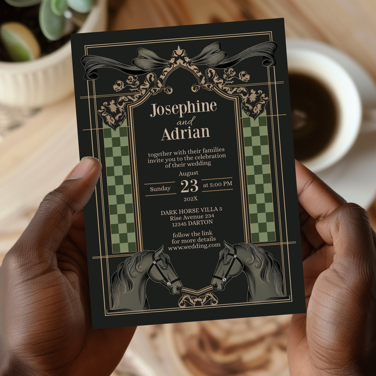 Dark Equestrian Wedding Invitation – Template with Vintage, Floral & Checkered Details and Dark Horse Romance