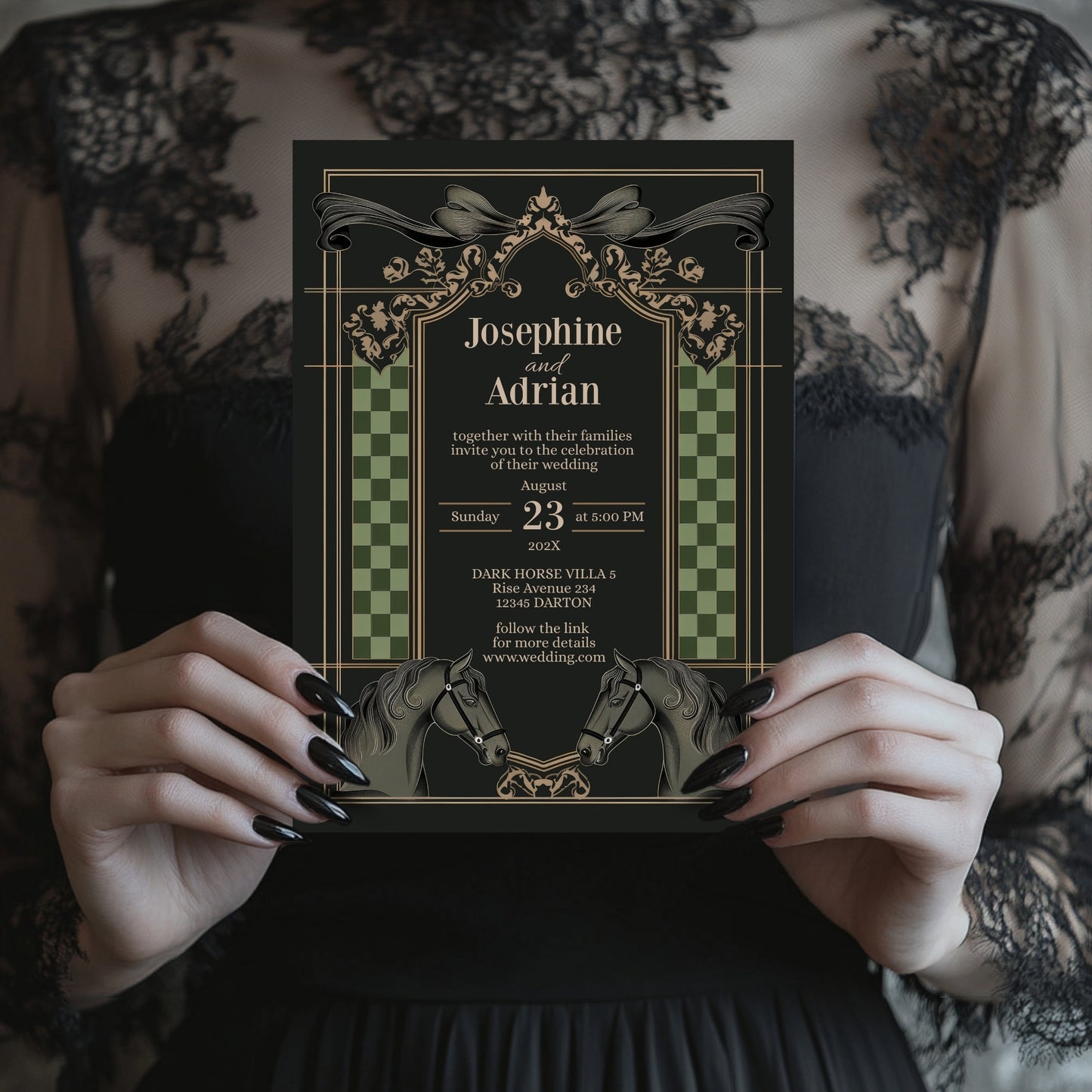 Dark Equestrian Wedding Invitation – Template with Vintage, Floral & Checkered Details and Dark Horse Romance