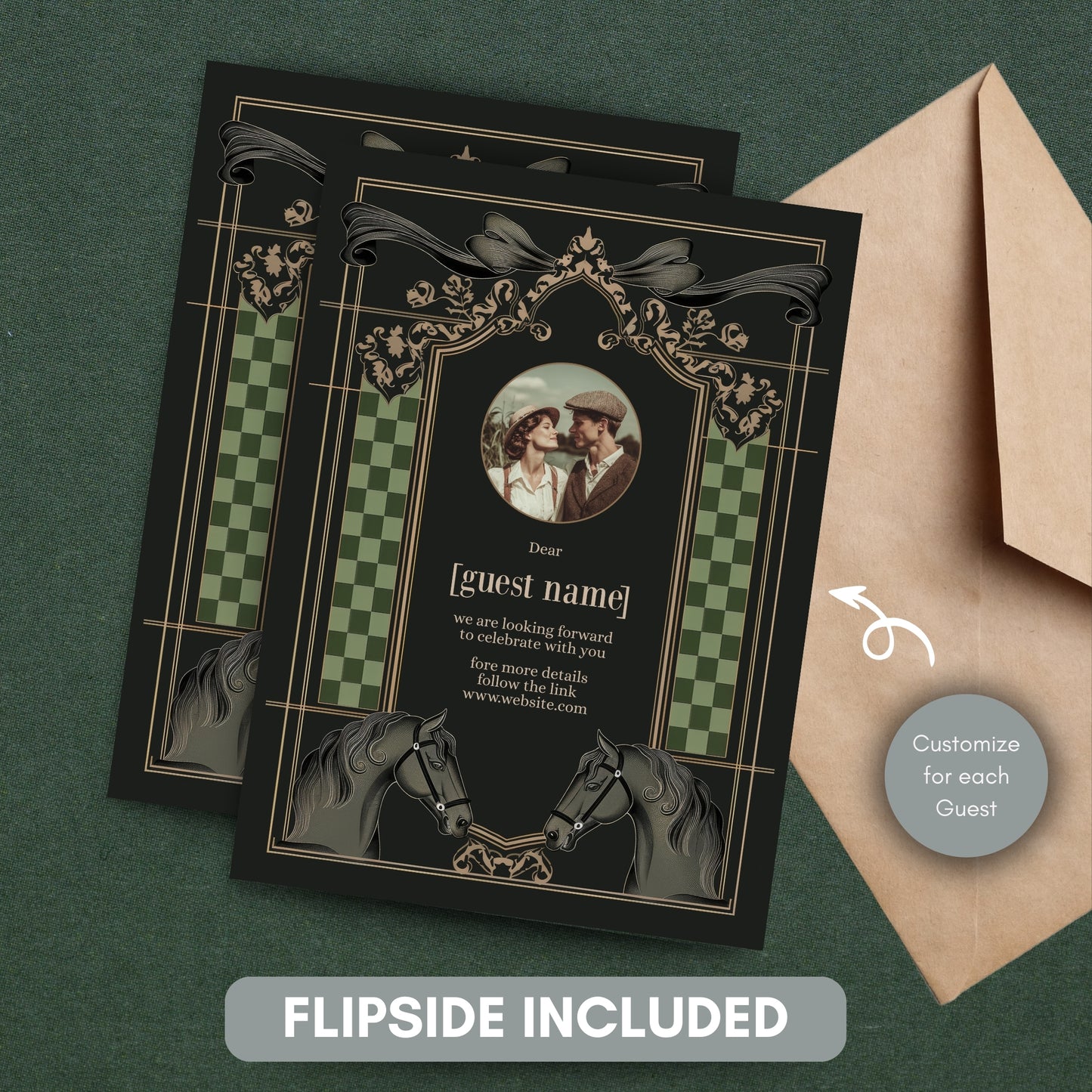 Dark Equestrian Wedding Invitation – Template with Vintage, Floral & Checkered Details and Dark Horse Romance