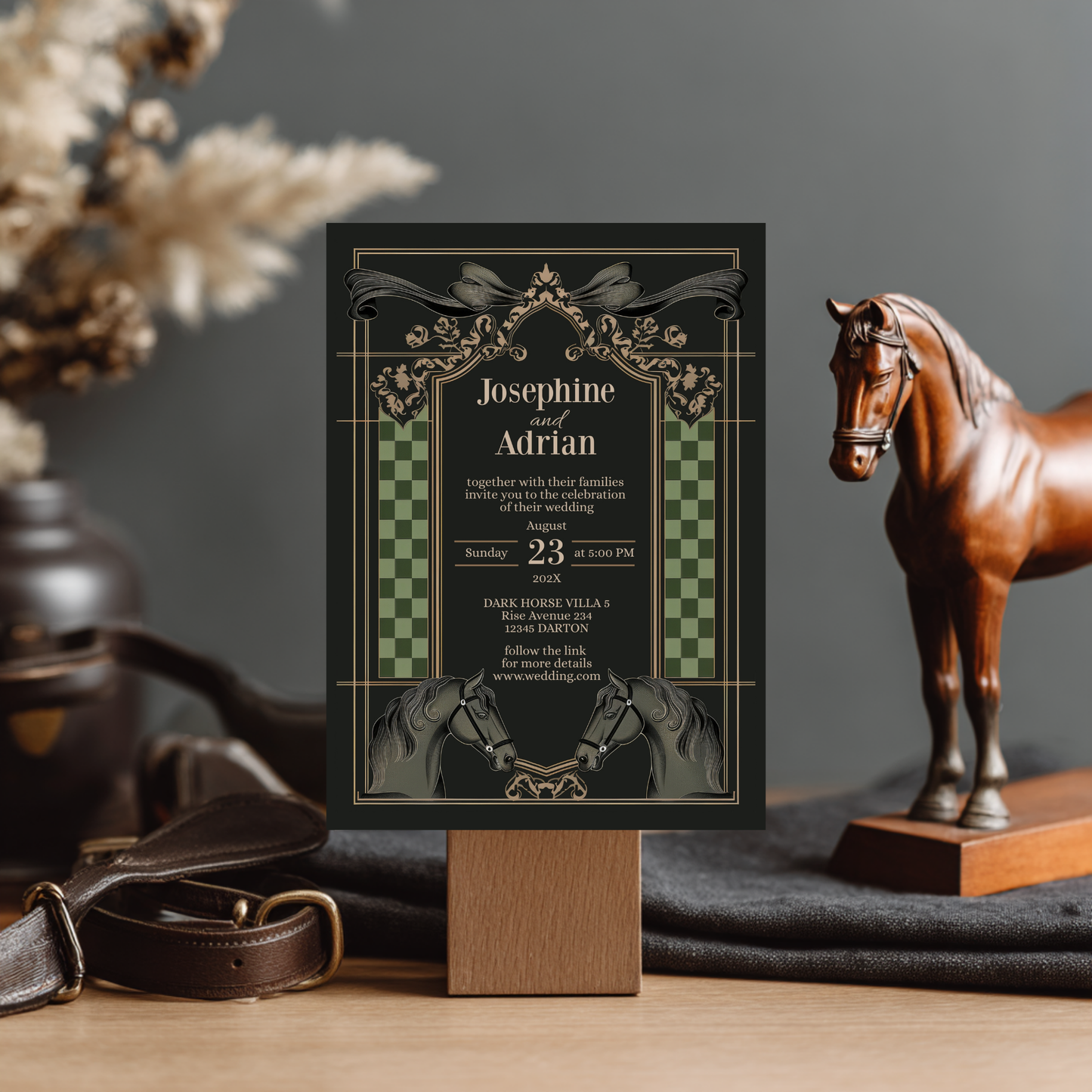 Dark Equestrian Wedding Invitation – Template with Vintage, Floral & Checkered Details and Dark Horse Romance