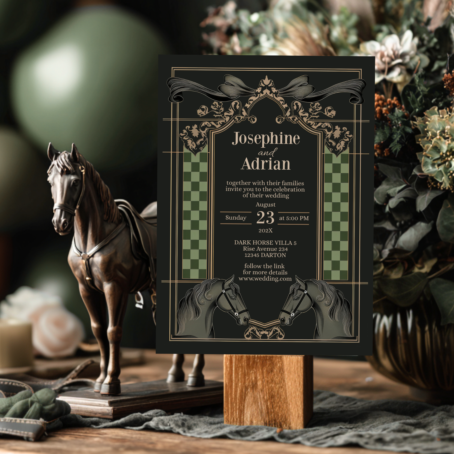 Dark Equestrian Wedding Invitation – Template with Vintage, Floral & Checkered Details and Dark Horse Romance