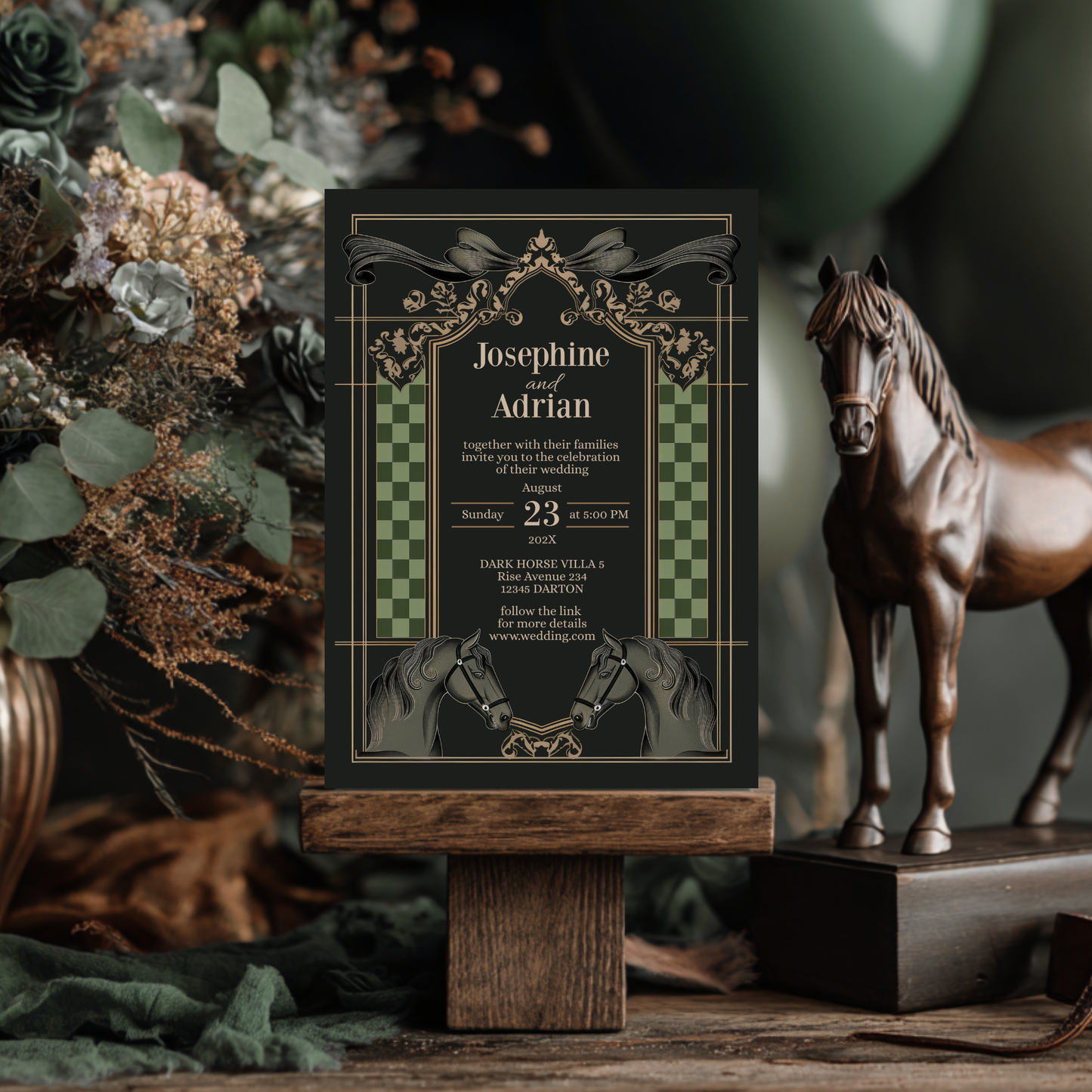 Dark Equestrian Wedding Invitation – Template with Vintage, Floral & Checkered Details and Dark Horse Romance