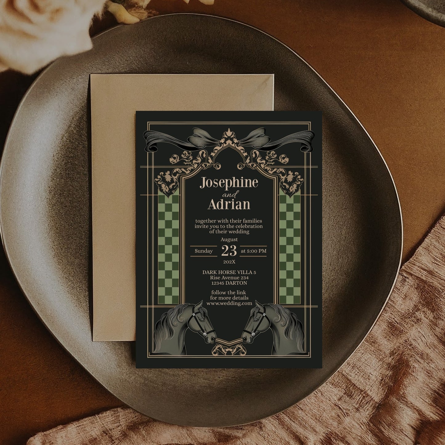 Dark Equestrian Wedding Invitation – Template with Vintage, Floral & Checkered Details and Dark Horse Romance
