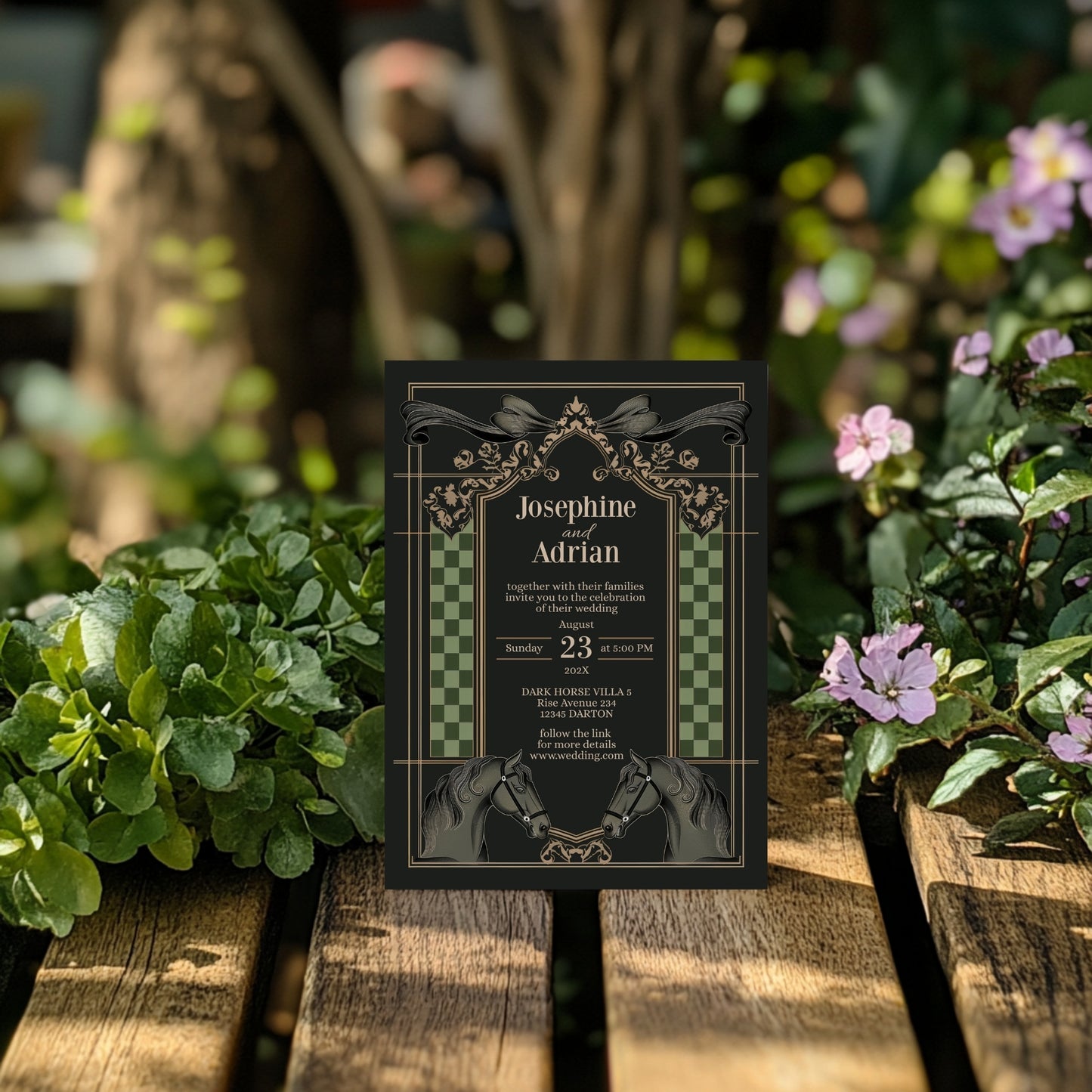 Dark Equestrian Wedding Invitation – Template with Vintage, Floral & Checkered Details and Dark Horse Romance