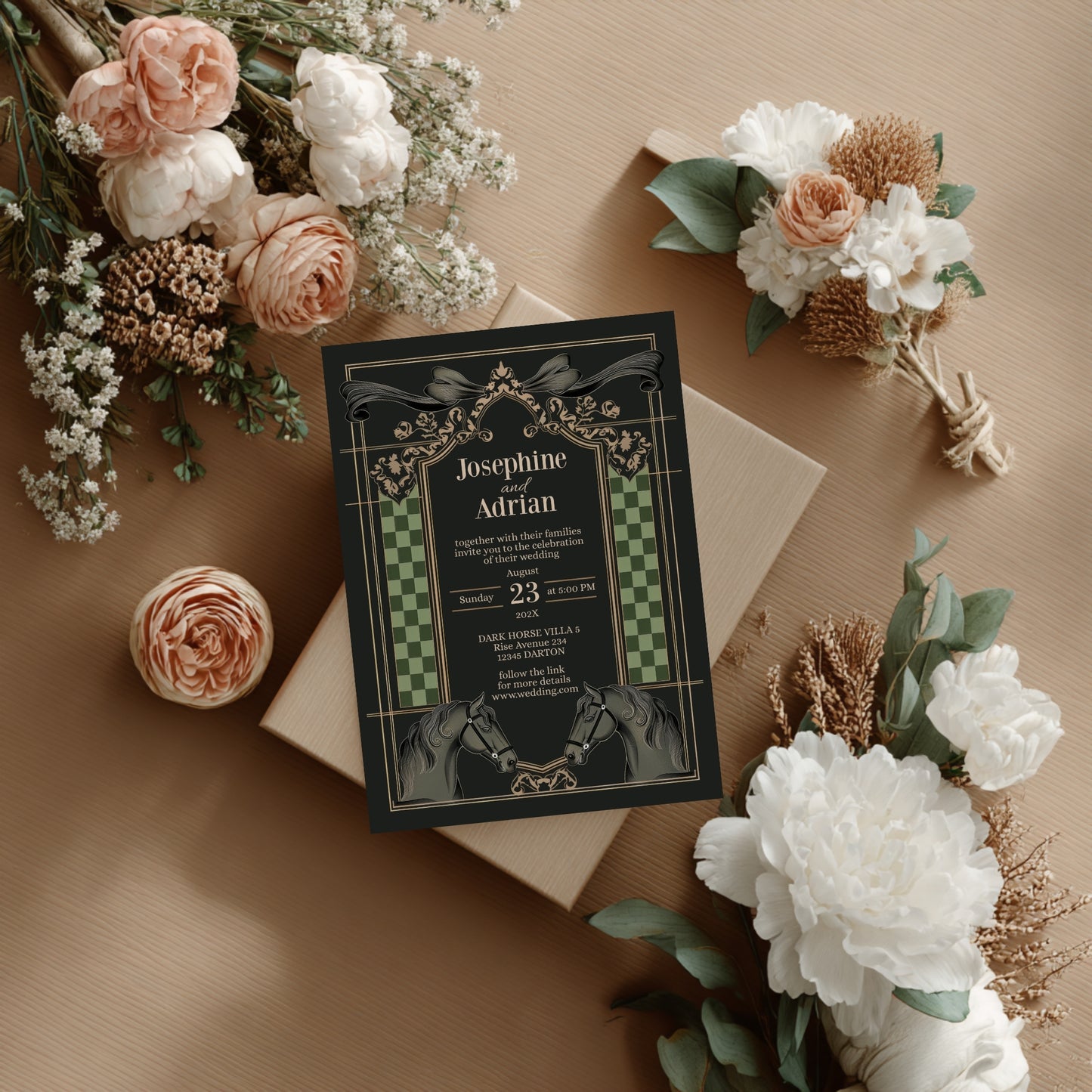 Dark Equestrian Wedding Invitation – Template with Vintage, Floral & Checkered Details and Dark Horse Romance