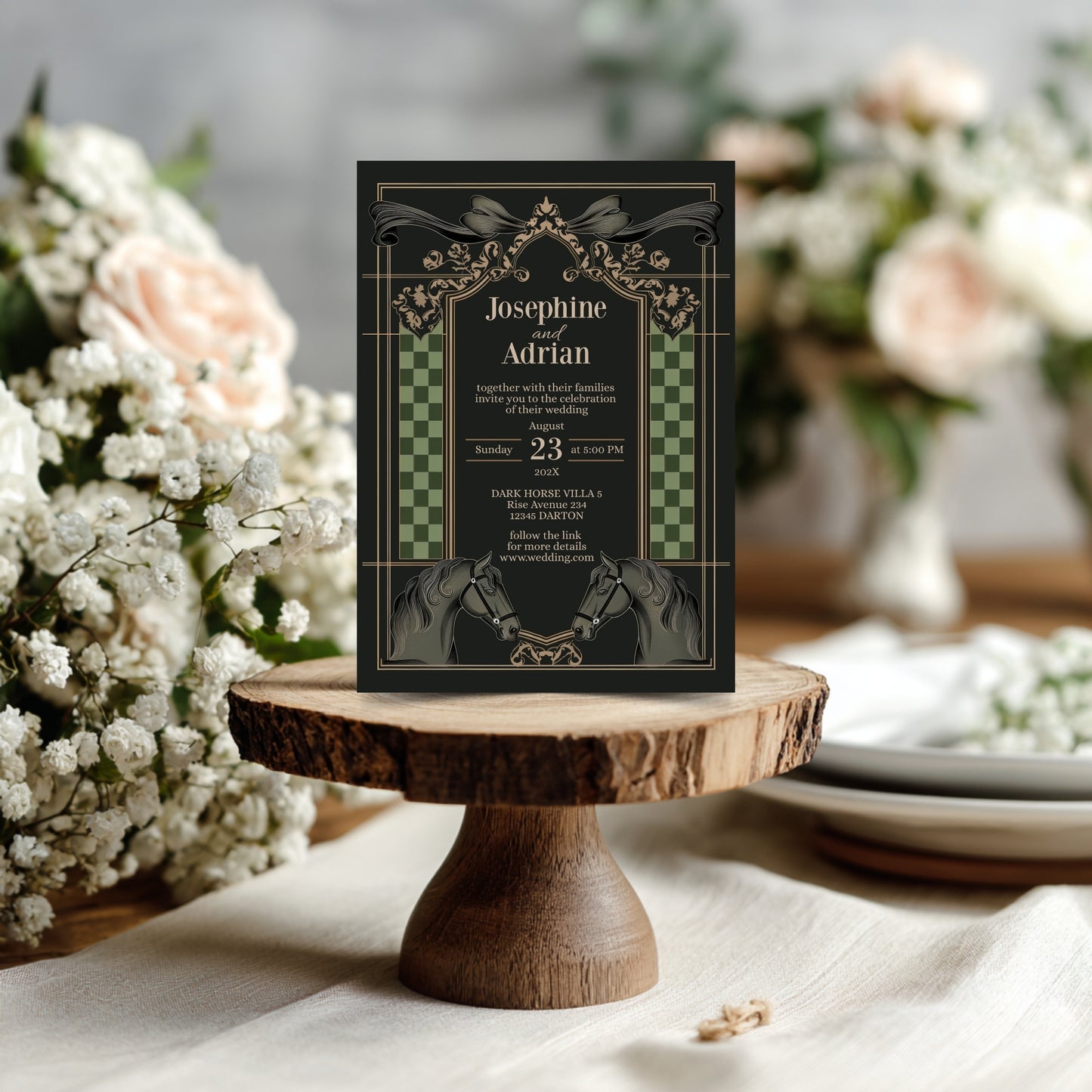 Dark Equestrian Wedding Invitation – Template with Vintage, Floral & Checkered Details and Dark Horse Romance