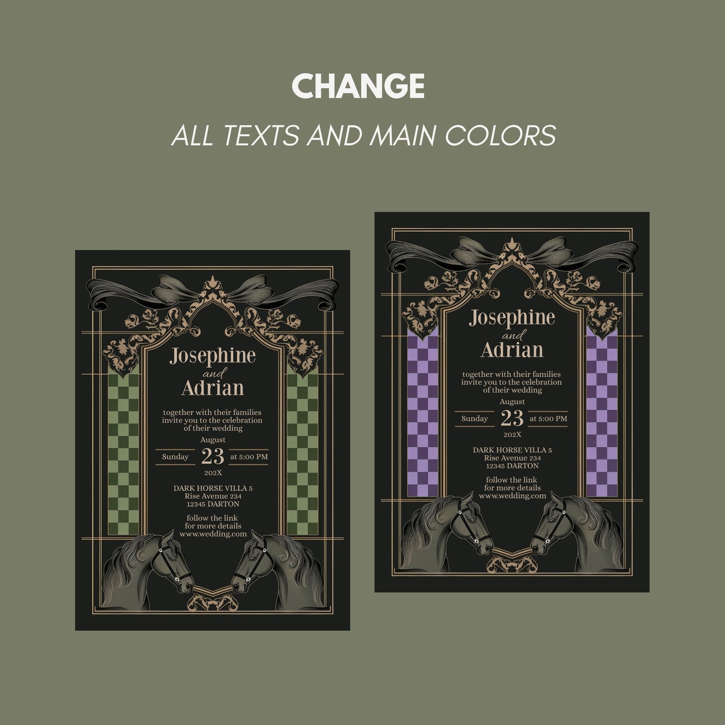 Dark Equestrian Wedding Invitation – Template with Vintage, Floral & Checkered Details and Dark Horse Romance