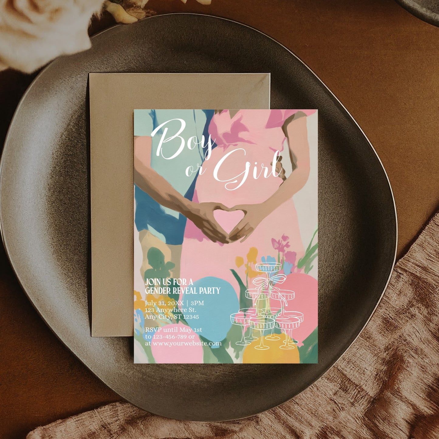 Cute Gender Reveal Party Invitation - Modern Baby Shower with Pastel Design - Boy or Girl
